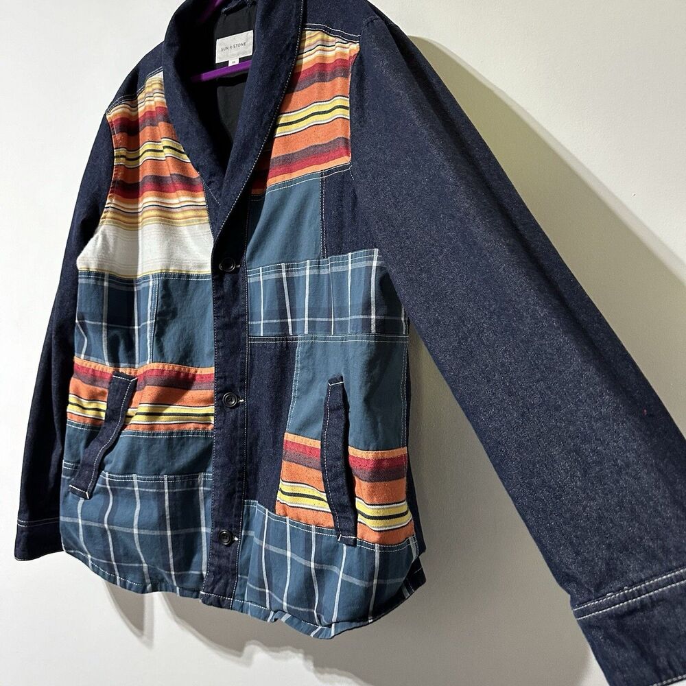 Sun + Stone Southwestern Aztec Tribal Patchwork Denim Shawl Jacket Size XXL 2XL - Picture 2 of 8